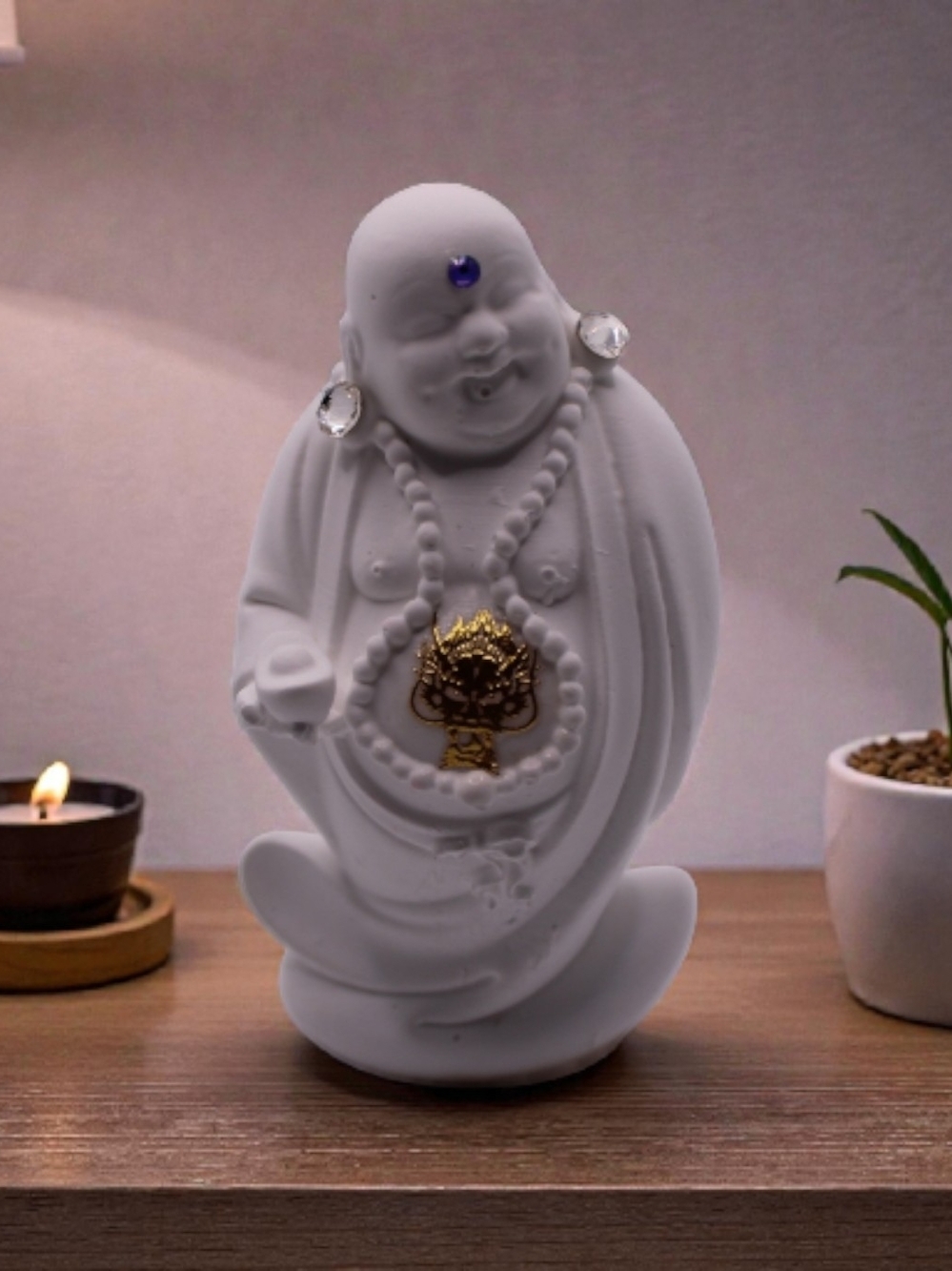 White Ceramic Laughing Buddha Statue with Gold Accent.Swarovski crystals.5 Inch.